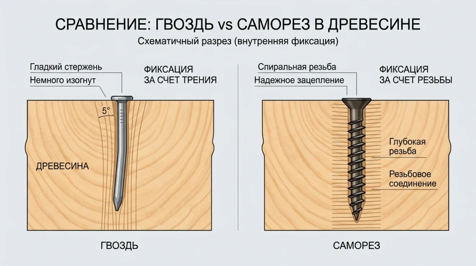 Как гвоздь и саморез сидят в дереве