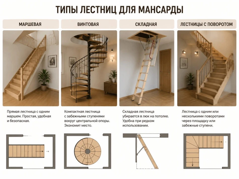 Типы лестниц для мансарды